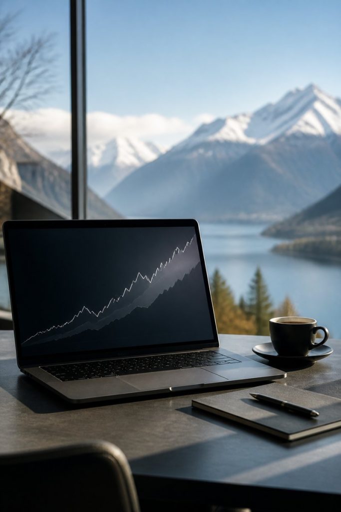 Portatile aperto con un grafico di borsa su una scrivania davanti a una finestra