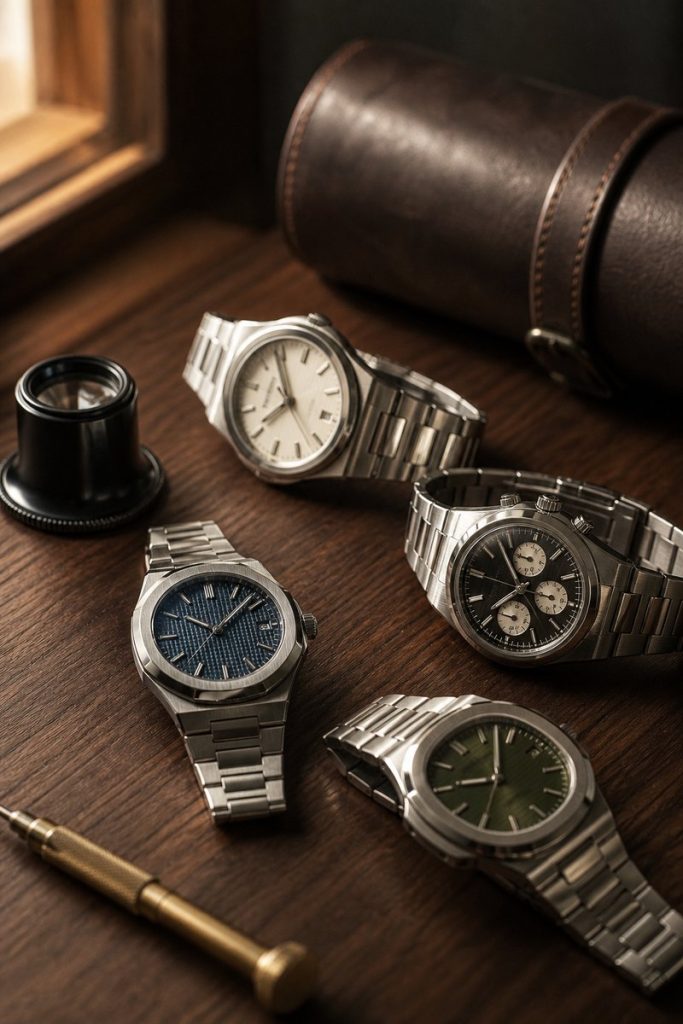Orologi di lusso su una scrivania in legno accanto a una lente da orologiaio