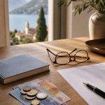 Libretto di risparmio, franchi svizzeri e occhiali da lettura su una scrivania