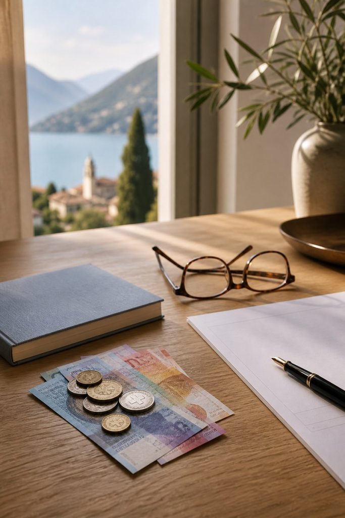 Libretto di risparmio, franchi svizzeri e occhiali da lettura su una scrivania