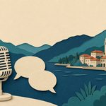Un microfono d'epoca e due fumetti vuoti davanti a un lago