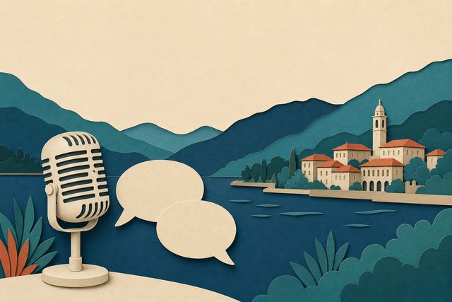 Un microfono d'epoca e due fumetti vuoti davanti a un lago