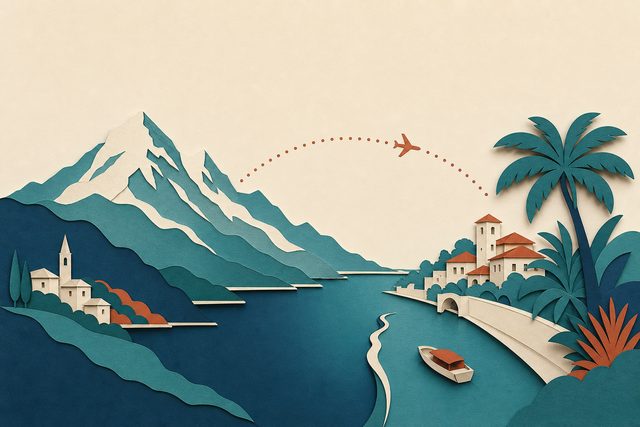Una vetta alpina e un canale tropicale uniti da un arco di volo tratteggiato