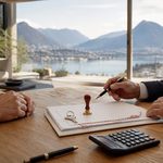 Scrivania con timbro notarile, chiavi e calcolatrice davanti a una vista sul lago di Lugano (immagine generata con AI)