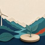 Una valle alpina con turbina eolica, foglie e fiume