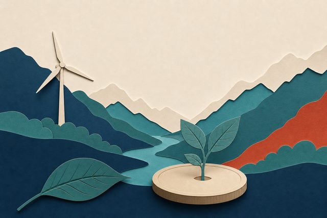 Una valle alpina con turbina eolica, foglie e fiume