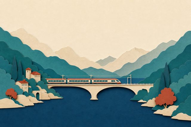 Un ponte con un treno sopra un lago di montagna