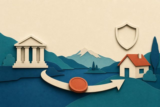 Una moneta che torna da una banca a una casa lungo una freccia, con uno scudo sopra
