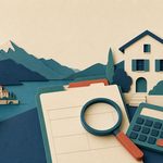 Una casa con cartella, lente d'ingrandimento e calcolatrice