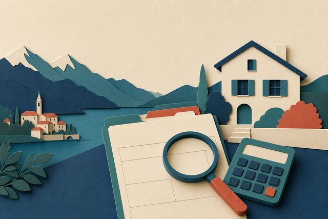 Una casa con cartella, lente d'ingrandimento e calcolatrice