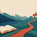 Un libro aperto e un sentiero verso una piccola scuola al sorgere del sole