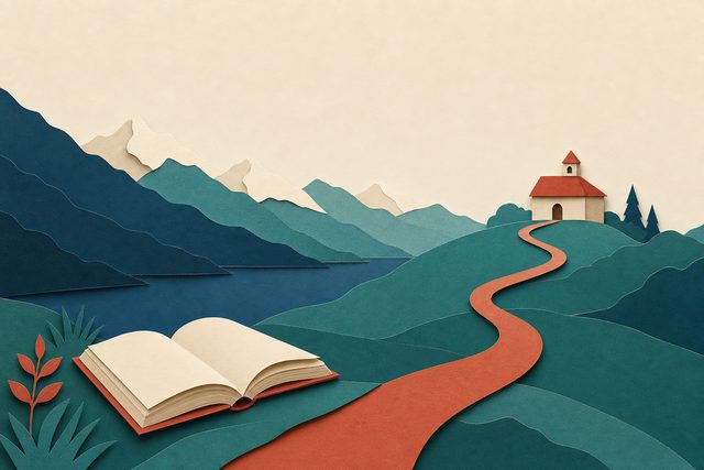 Un libro aperto e un sentiero verso una piccola scuola al sorgere del sole