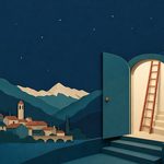 Una porta illuminata con una scala nella notte sopra una cittadina