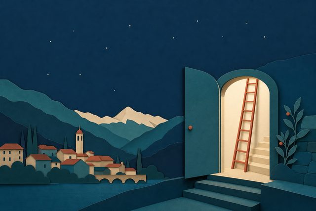 Una porta illuminata con una scala nella notte sopra una cittadina