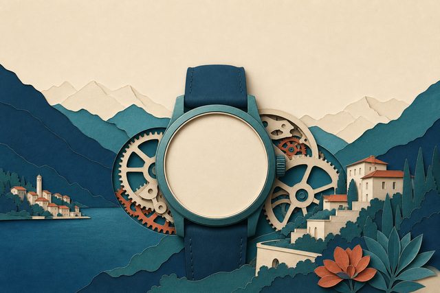Un orologio da polso con ingranaggi sovrapposti, quadrante vuoto