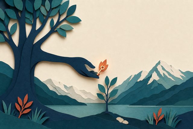 Un albero che passa una piccola chiave-foglia a un giovane germoglio
