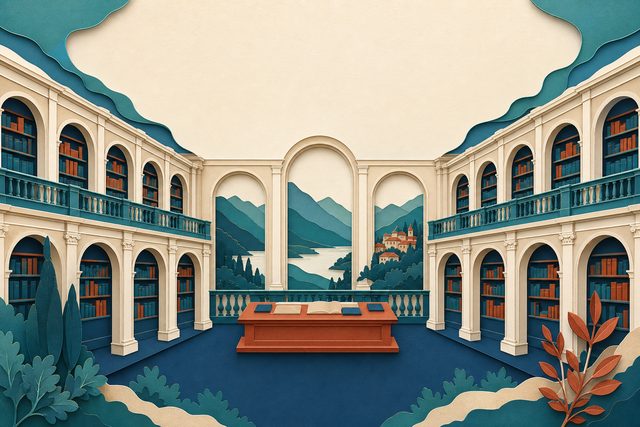 Una grande sala di biblioteca con scaffali ad arco e galleria